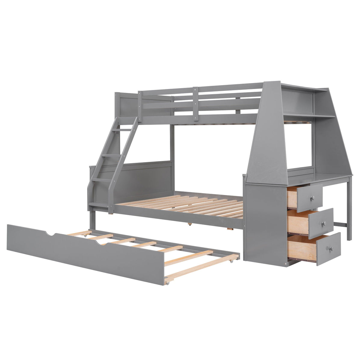 Bunk Bed With Trundle And Built In Desk, 3 Storage Drawers And Shelf