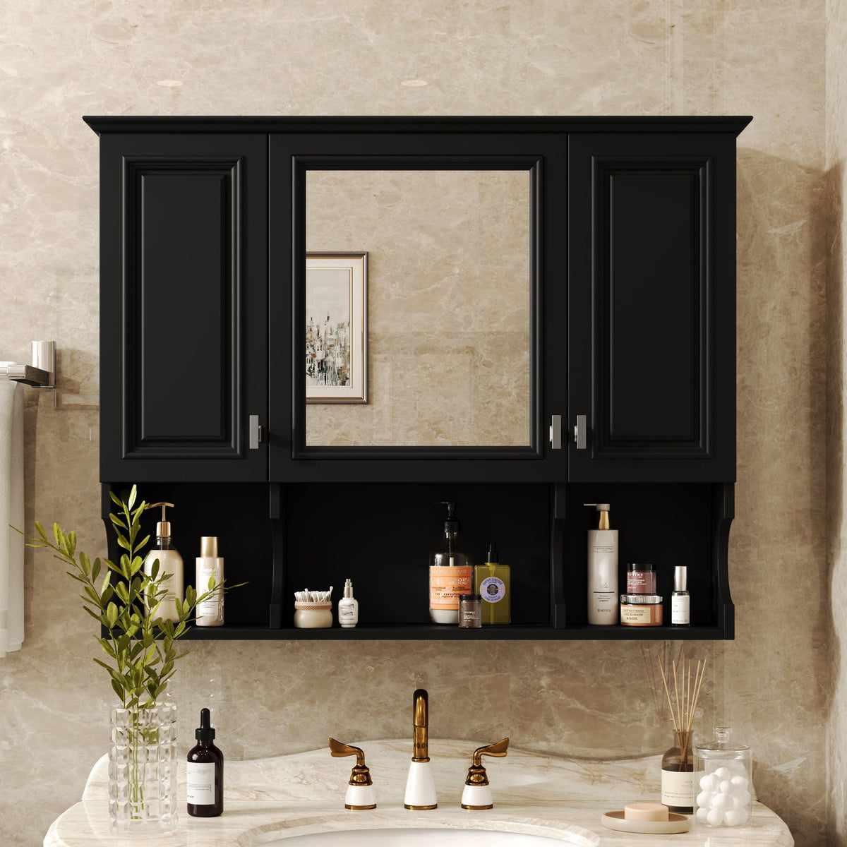 Wall Mounted Bathroom Medicine Wall Cabinet With Mirror & Open Shelves