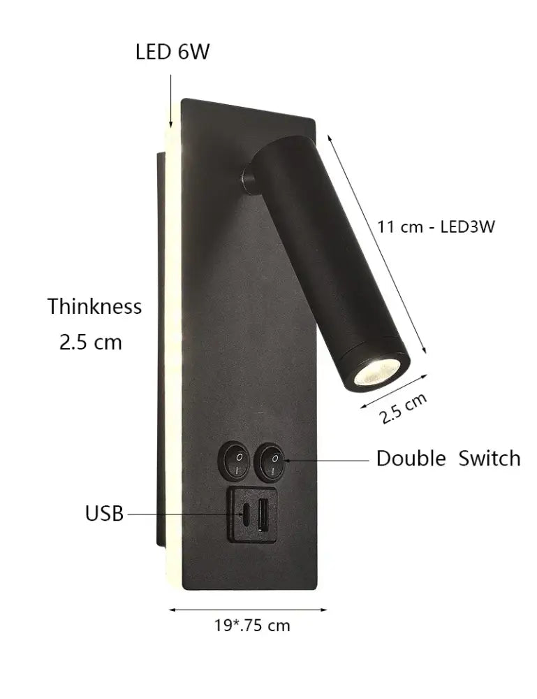 Adjustable black brass wall lamp with usb port for bedroom