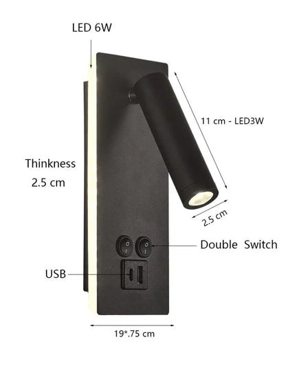 Adjustable black brass wall lamp with usb port for bedroom