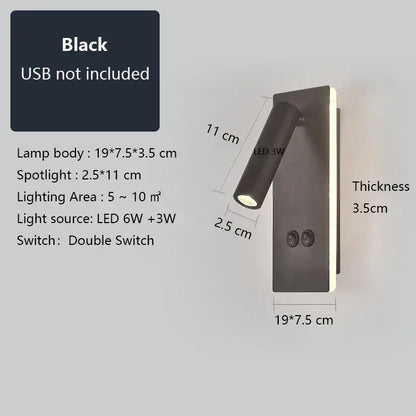 Adjustable black brass wall lamp with usb port for bedroom