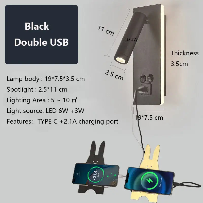 Adjustable black brass wall lamp with usb port for bedroom