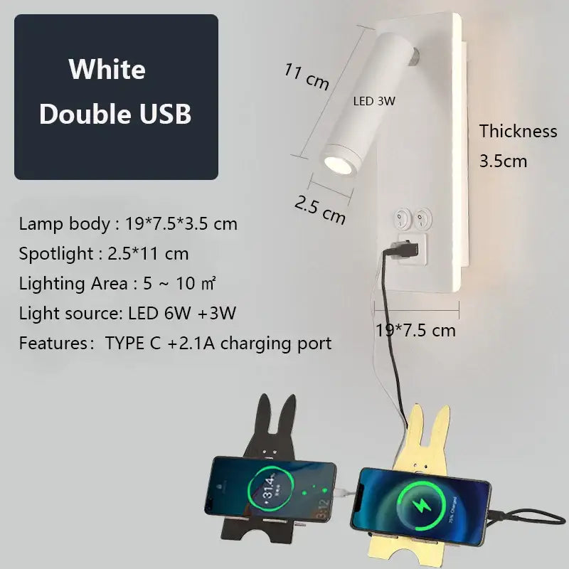 Adjustable black brass wall lamp with usb port for bedroom