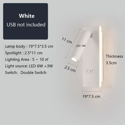 Adjustable black brass wall lamp with usb port for bedroom