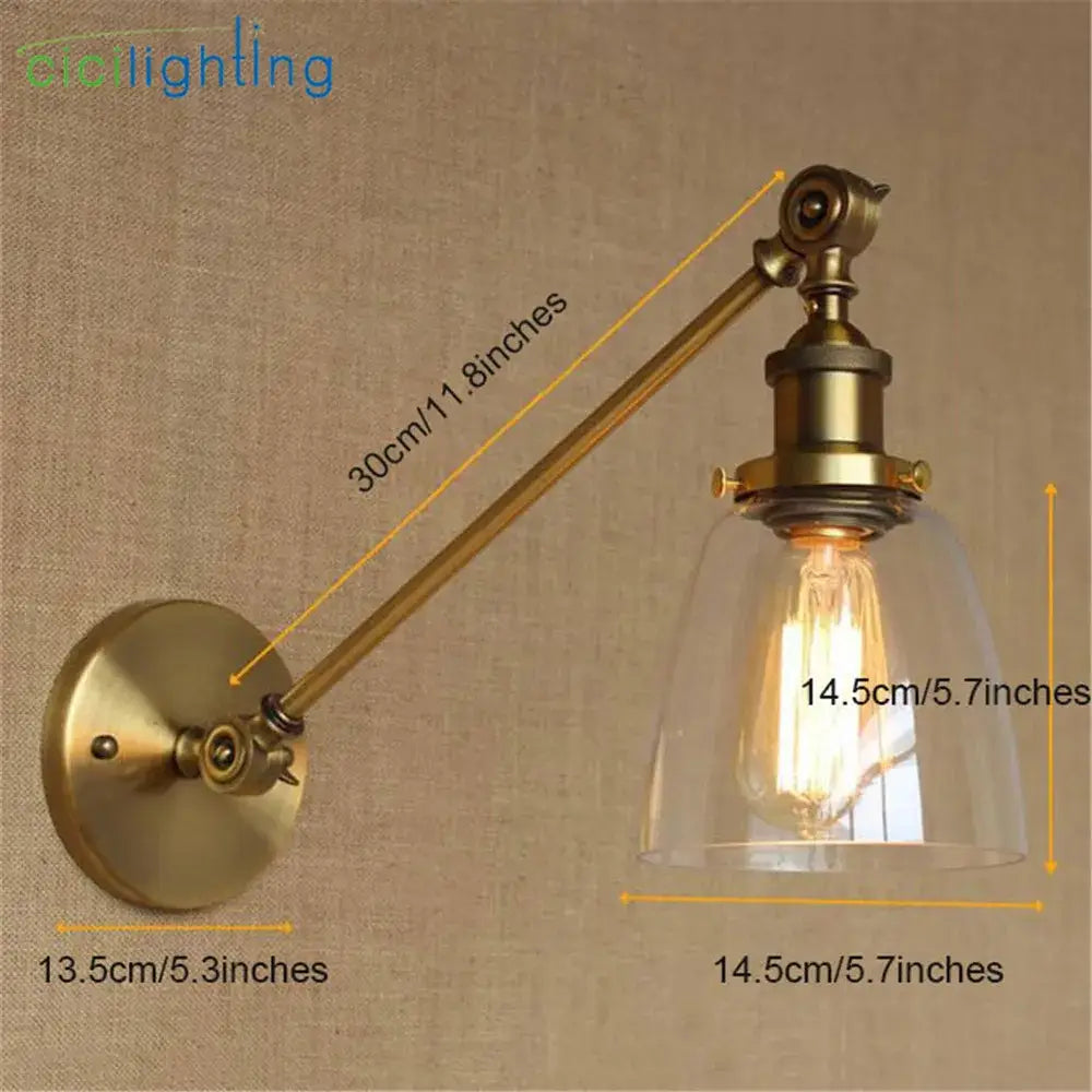 Adjustable brass wall sconce with glass dome bedroom wall lamp