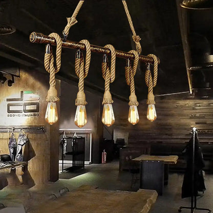 DecorBites™ Adjustable Rope Exposed Island Light - Retro Industrial 5/6-Light - Beige/Light Yellow