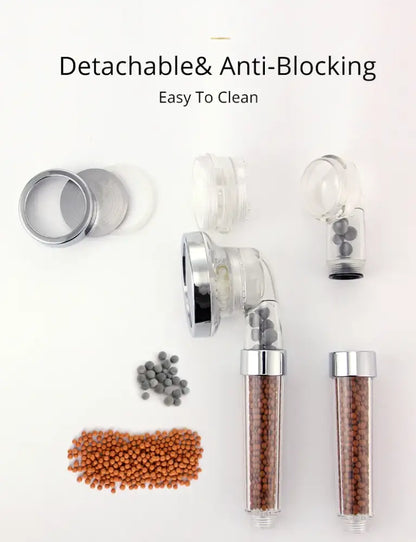 Adjustable shower head with chrome accents and filter beads bathroom