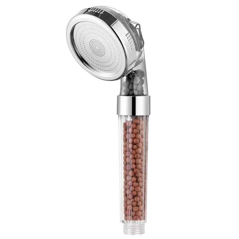 Adjustable shower head with chrome accents and filter beads bathroom