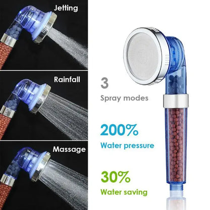Adjustable shower head with chrome accents and filter beads bathroom