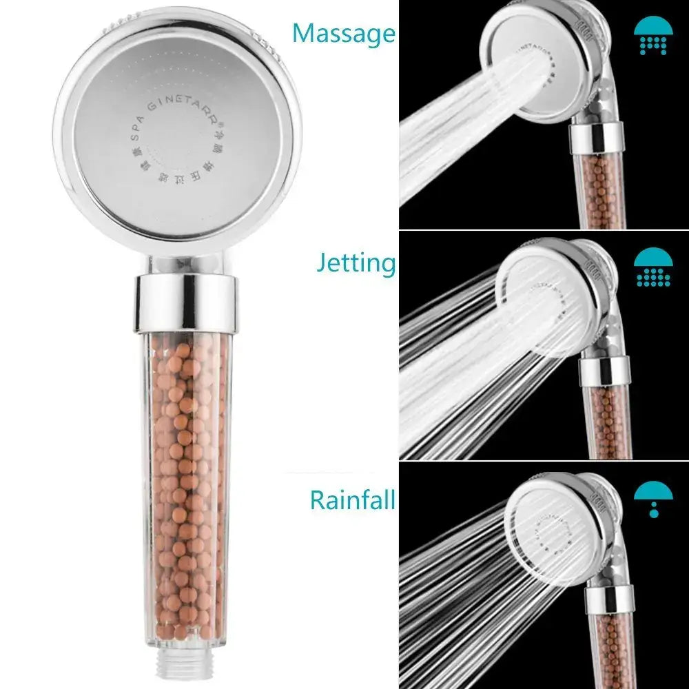 Adjustable shower head with chrome accents and filter beads bathroom