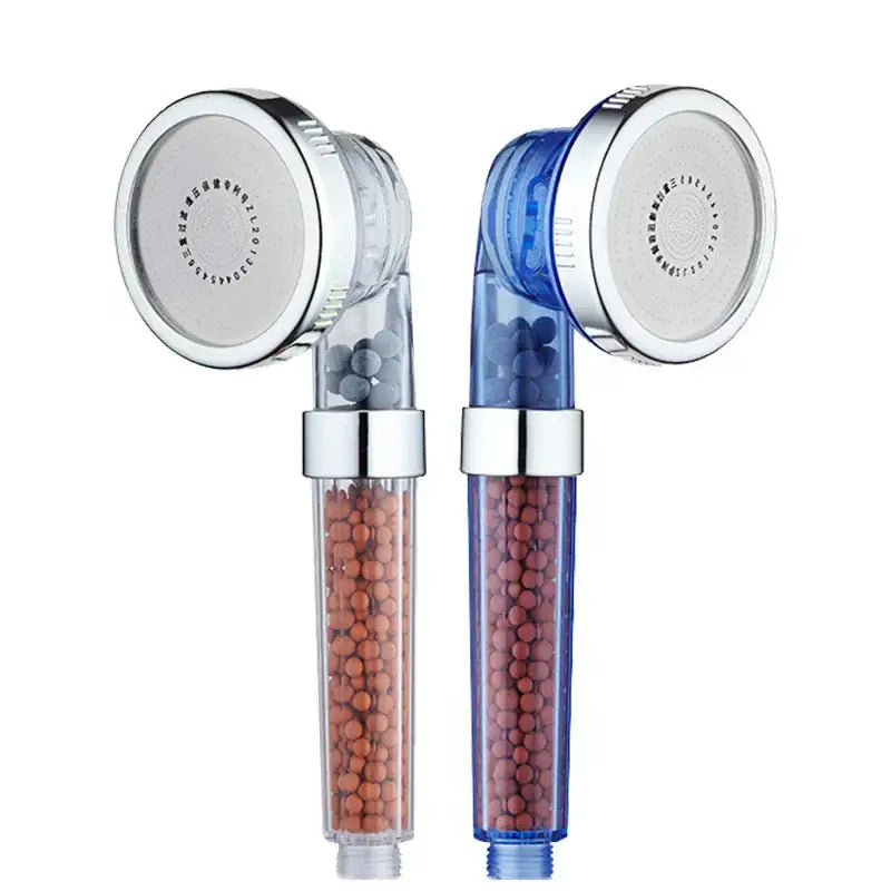 Adjustable shower head with chrome accents and filter beads bathroom