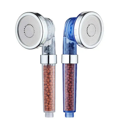 Adjustable shower head with chrome accents and filter beads bathroom