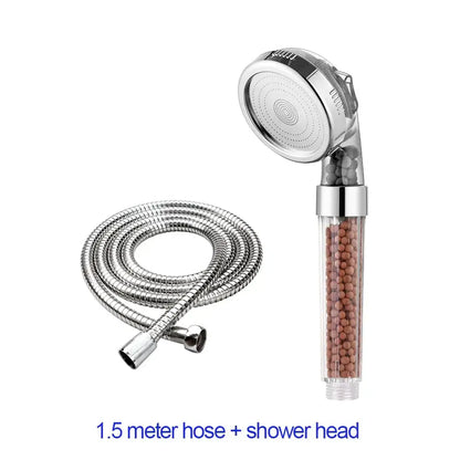 Adjustable shower head with chrome accents and filter beads bathroom