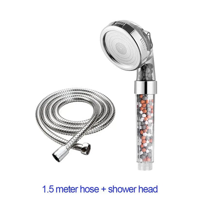 Adjustable shower head with chrome accents and filter beads bathroom