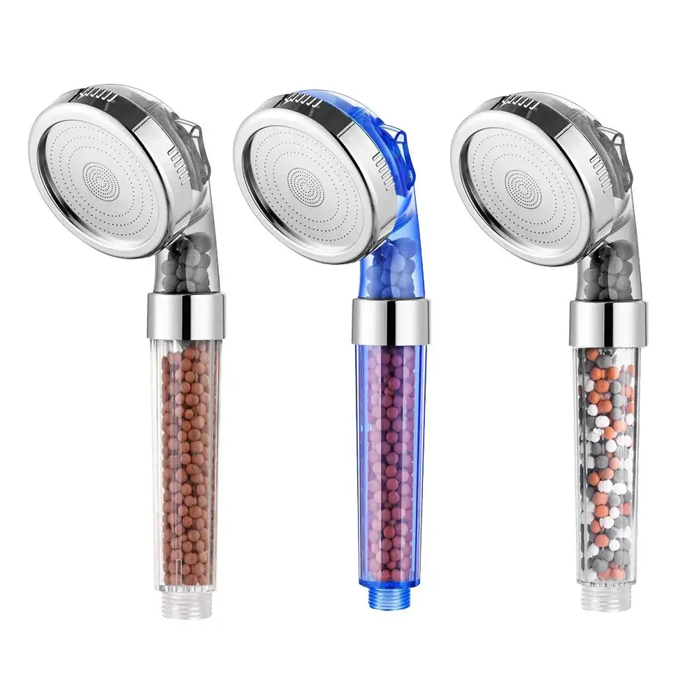Adjustable shower head with chrome accents and filter beads bathroom