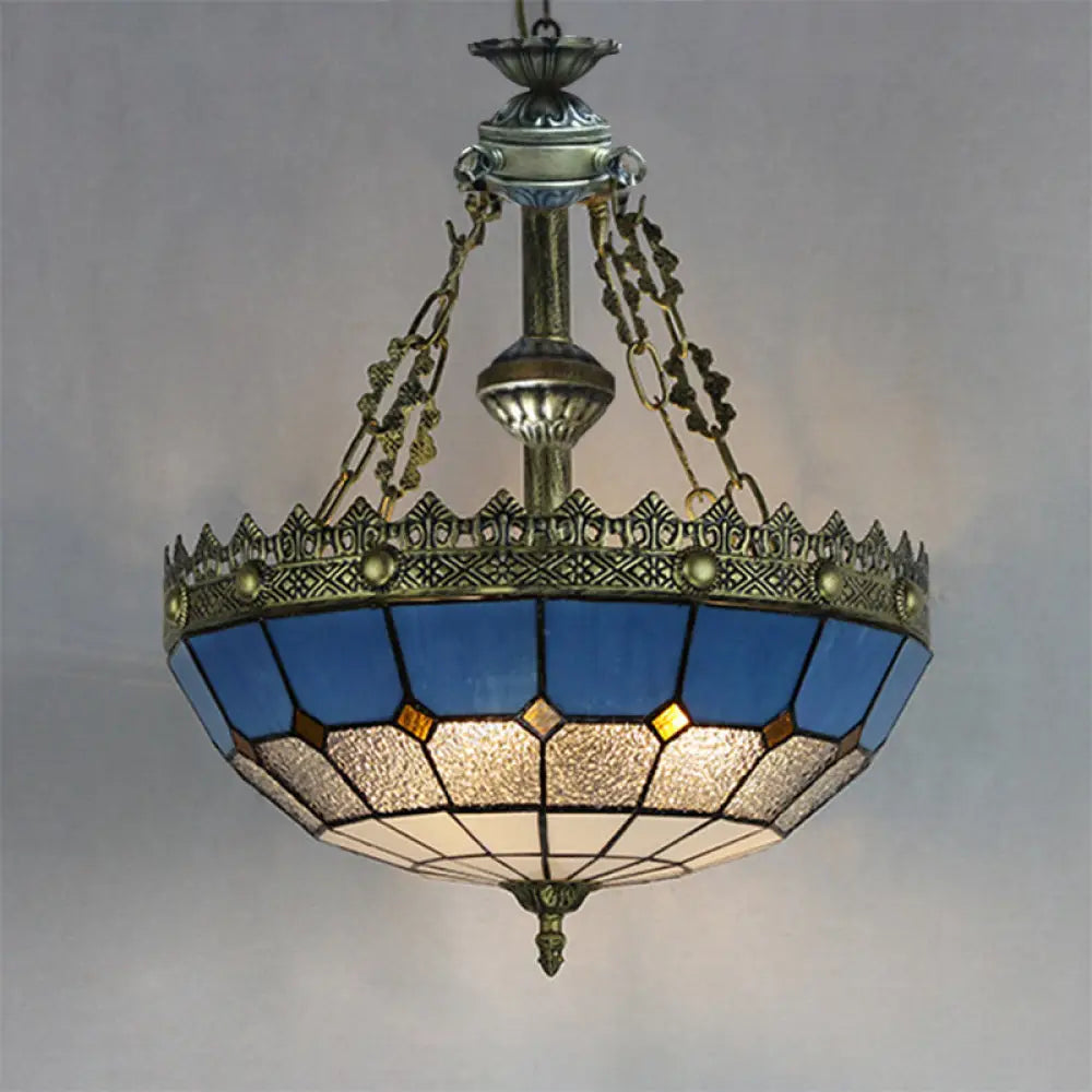DecorBites™ Adjustable Stained Glass Ceiling Pendant - Mediterranean Bowl Drop Light with Metal Chain - White/Clear