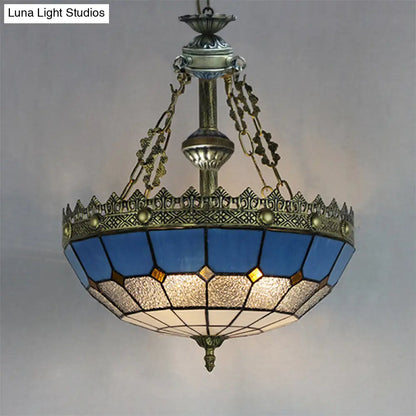 DecorBites™ Adjustable Stained Glass Ceiling Pendant - Mediterranean Bowl Drop Light with Metal Chain - White/Clear
