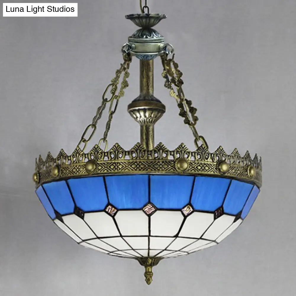 DecorBites™ Adjustable Stained Glass Ceiling Pendant - Mediterranean Bowl Drop Light with Metal Chain - White/Clear