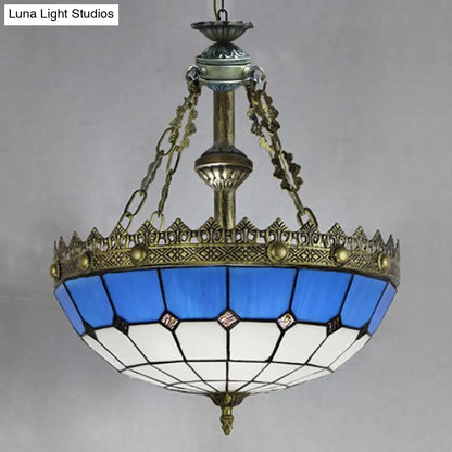 DecorBites™ Adjustable Stained Glass Ceiling Pendant - Mediterranean Bowl Drop Light with Metal Chain - White/Clear