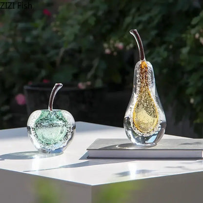 Aesthetic green and gold glass fruit sculpture desk ornament bedroom