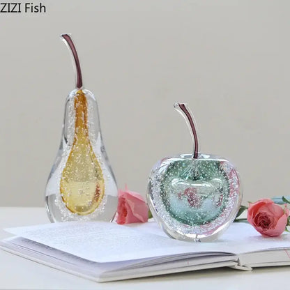 Aesthetic green and gold glass fruit sculpture desk ornament bedroom