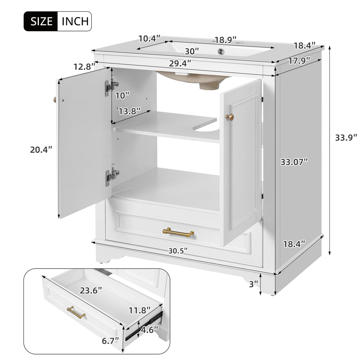 Bathroom Vanity With Sink, Cabinet & 2 Soft Closing Doors & Adjustable Shelf