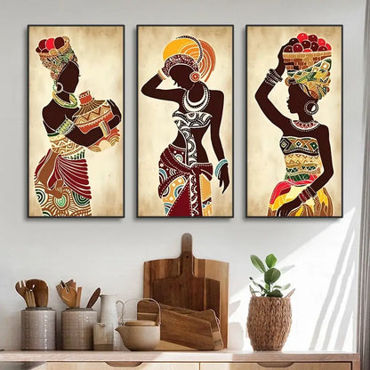 Vibrant ethnic african black woman canvas set living room wall art