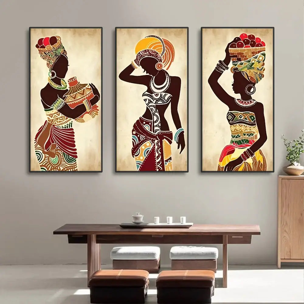 Vibrant ethnic african black woman canvas set living room wall art