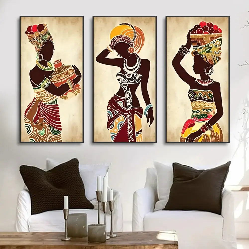 Vibrant ethnic african black woman canvas set living room wall art