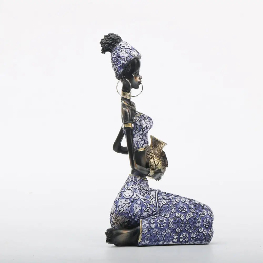 African woman sculpture purple and gold living room figurine set