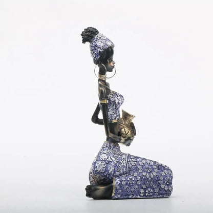 African woman sculpture purple and gold living room figurine set