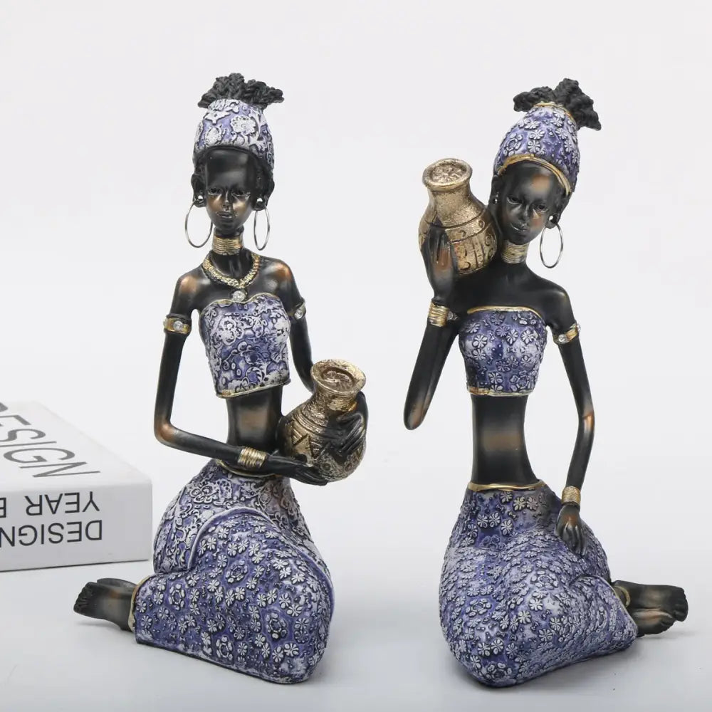 African woman sculpture purple and gold living room figurine set