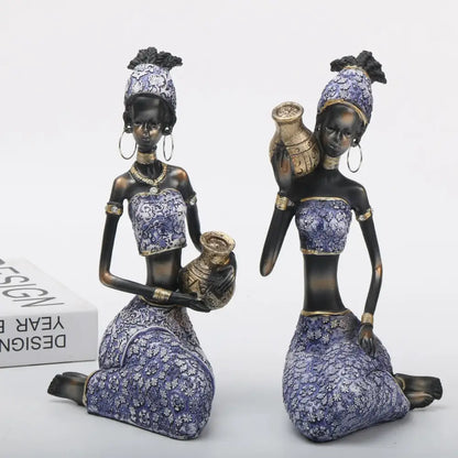 African woman sculpture purple and gold living room figurine set