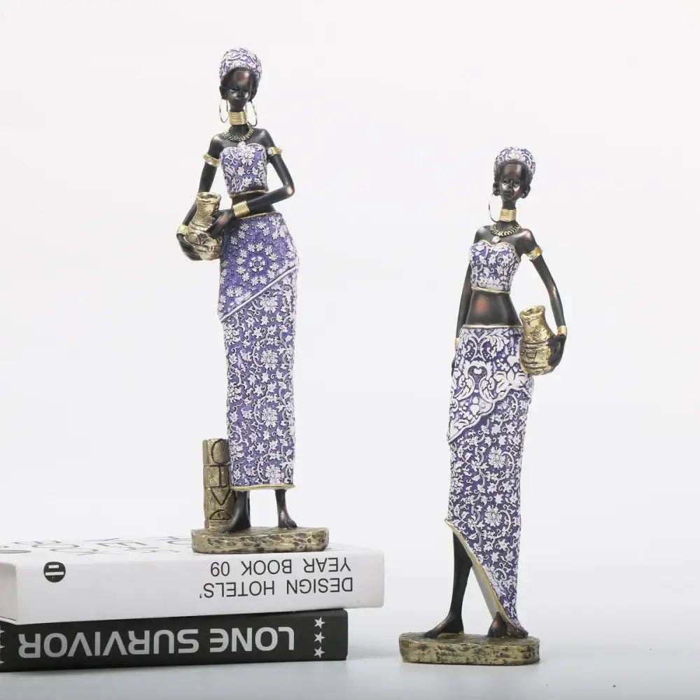 African woman sculpture purple and gold living room figurine set