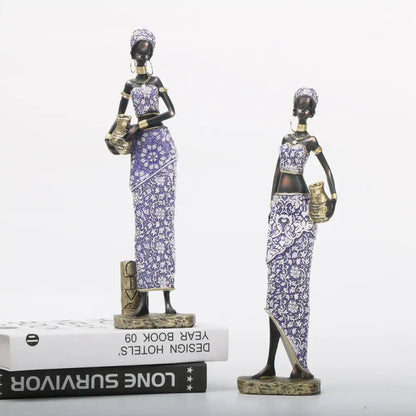 African woman sculpture purple and gold living room figurine set