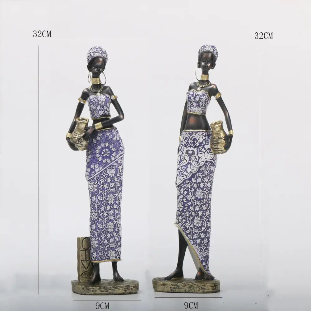 African woman sculpture purple and gold living room figurine set