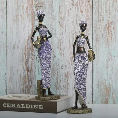 African woman sculpture purple and gold living room figurine set