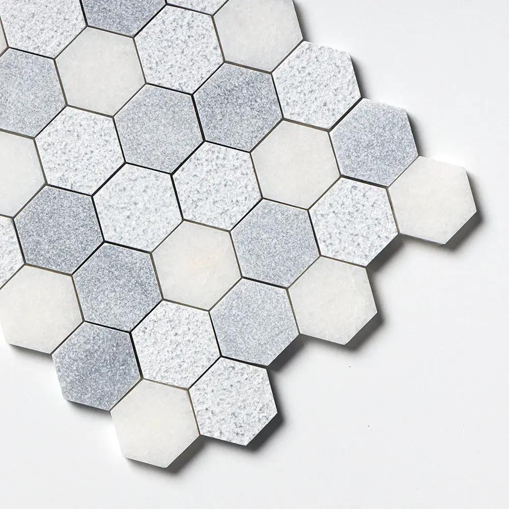 Bardiglio Light, Calacatta T Textured Hexagon 2 Marble Mosaics 10 3/8x12