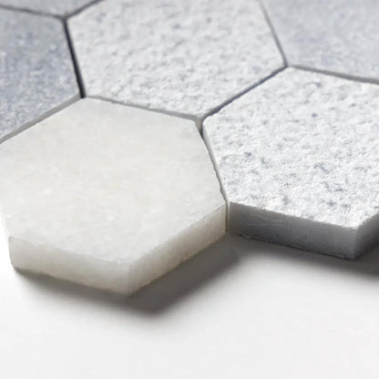 Bardiglio Light, Calacatta T Textured Hexagon 2 Marble Mosaics 10 3/8x12