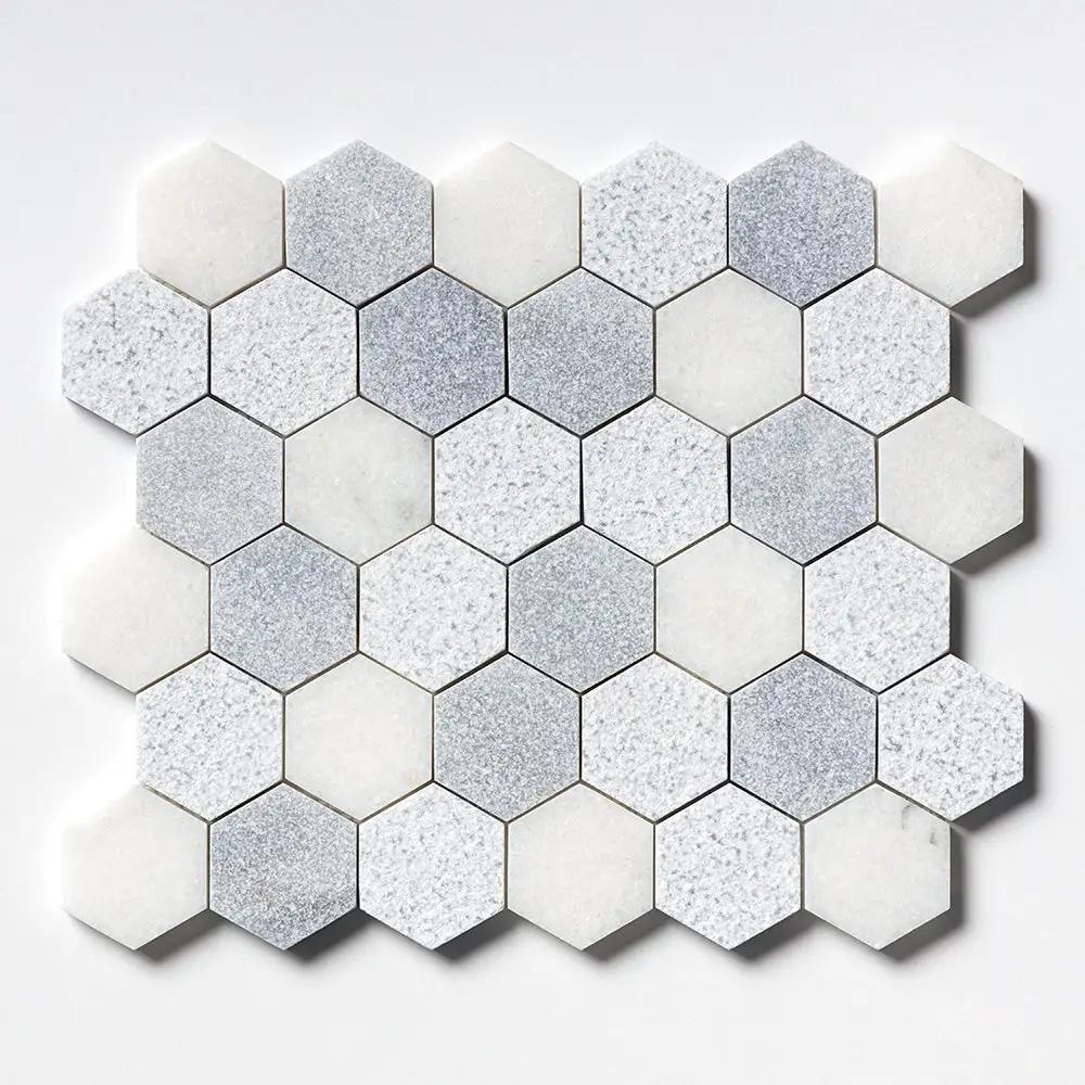 Bardiglio Light, Calacatta T Textured Hexagon 2 Marble Mosaics 10 3/8x12