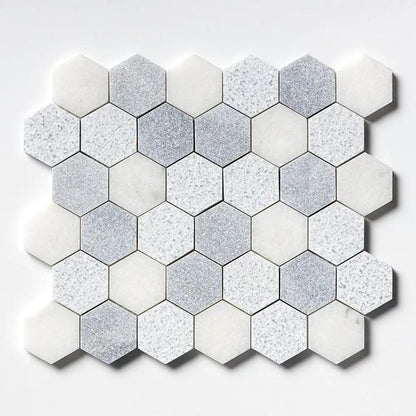 Bardiglio Light, Calacatta T Textured Hexagon 2 Marble Mosaics 10 3/8x12