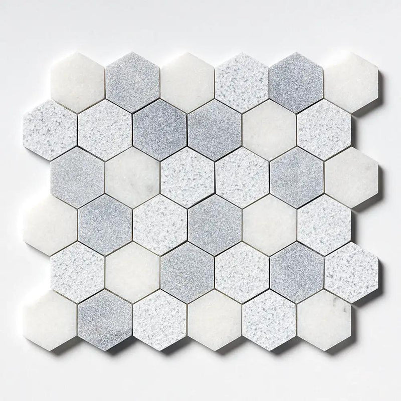 Bardiglio Light, Calacatta T Textured Hexagon 2 Marble Mosaics 10 3/8x12