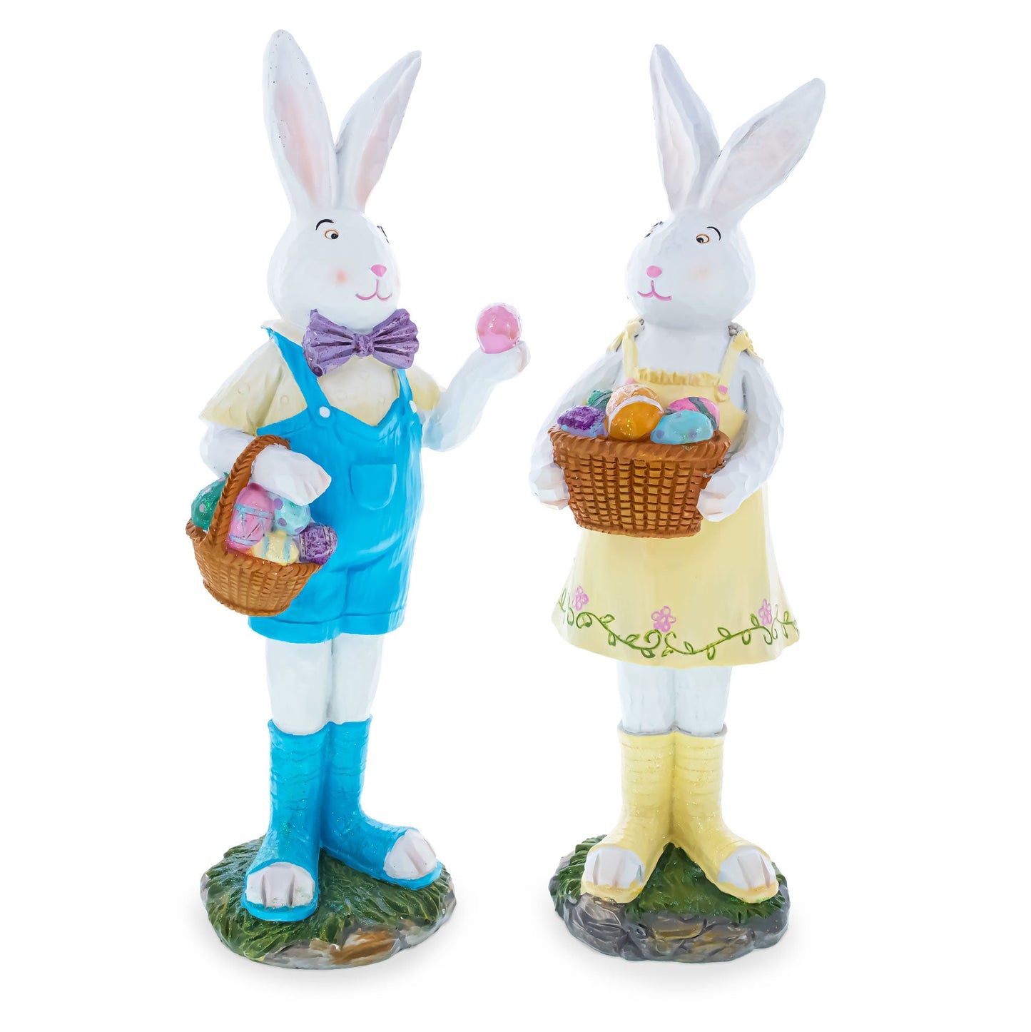 Set of 2 Resin Spring Bunnies With Eggs Figurine Centerpiece Display 12 Inches Tall