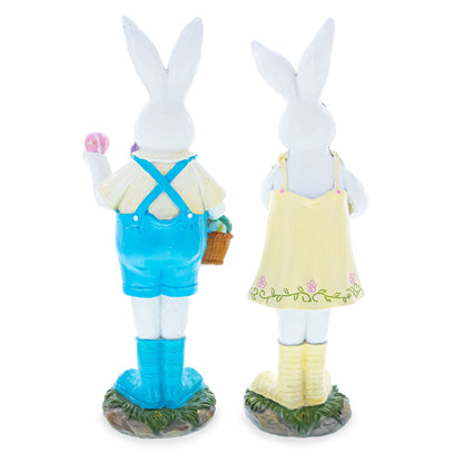 Set of 2 Resin Spring Bunnies With Eggs Figurine Centerpiece Display 12 Inches Tall