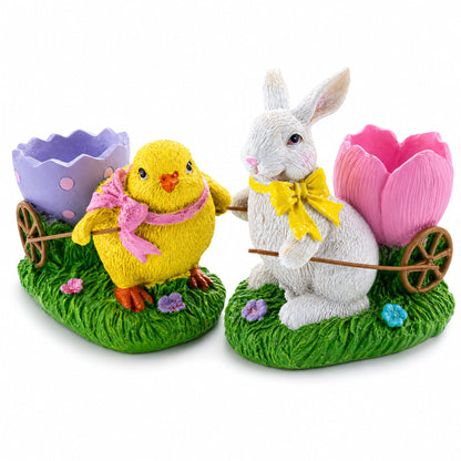 Set of 2 Spring Chick and Bunny Egg Holder Figurines 5 Inches Tall