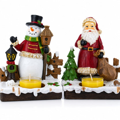 Set of 2 Santa and Snowman Candle Holders 6 Inches