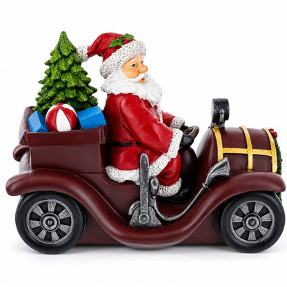 Santa Driving Classic Car with LED Lights Figurine 10.5 Inches Long