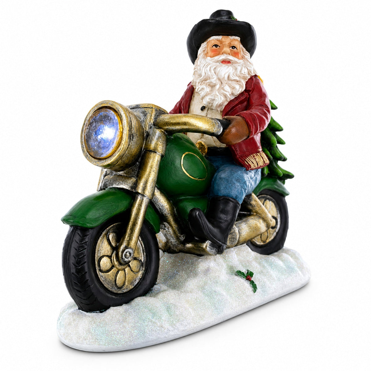 Santa the Cowboy Riding Motorcycle LED Light Figurine 8.5 Inches