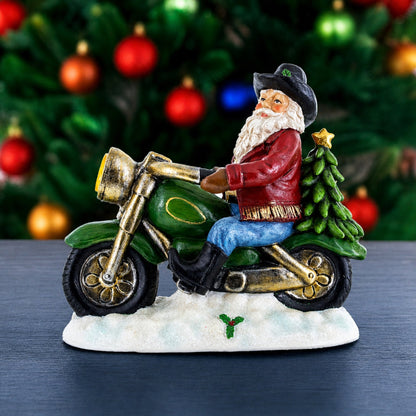 Santa the Cowboy Riding Motorcycle LED Light Figurine 8.5 Inches