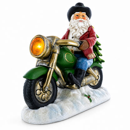 Santa the Cowboy Riding Motorcycle LED Light Figurine 8.5 Inches